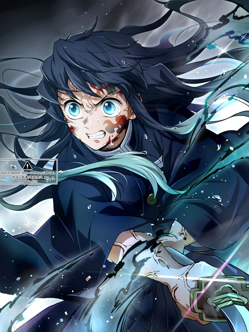 1boy artist_name blood blood_on_face blue_eyes blue_hair blue_jacket blue_pants buttons dandel dark_blue_hair gradient_background gradient_hair grey_background hands_up hashibira_inosuke highres holding holding_sword holding_weapon jacket katana kimetsu_no_yaiba long_hair long_sleeves looking_to_the_side male_focus mandarin_collar multicolored_hair pants solo sparkle sword teeth v-shaped_eyebrows veins watermark weapon white_background wide_sleeves