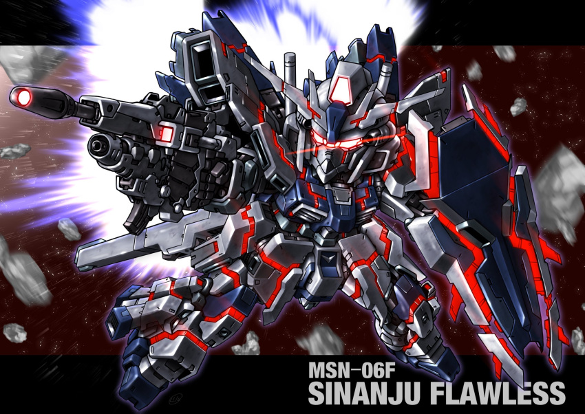 character_name chibi clip_studio_paint_(medium) commission fusion glowing glowing_eyes gundam gundam_narrative gundam_unicorn highres holding holding_shield making-of_available mecha mobile_suit motion_blur no_humans nt-d red_eyes robot science_fiction shield sinanju_stein skeb_commission solo unicorn_gundam v-fin yatta070622