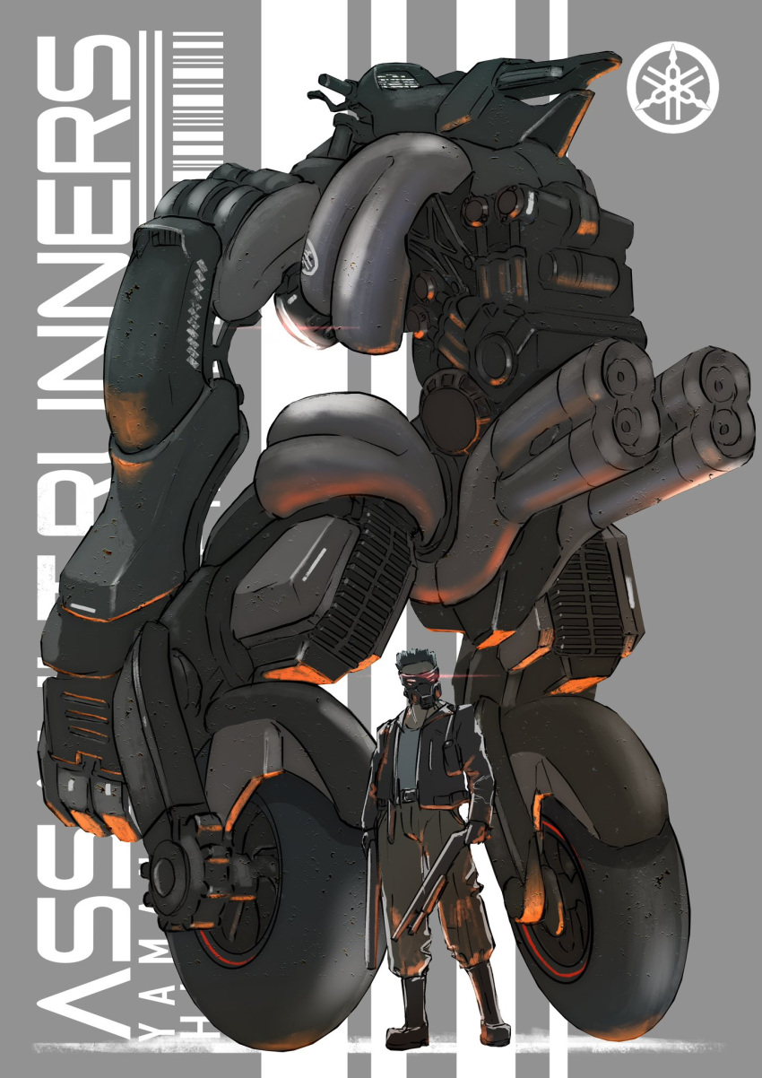 1boy belt black_belt black_footwear black_gloves black_hair black_jacket boots deraken dual_wielding gloves glowing glowing_eyes grey_background grey_pants gun head_tilt highres holding holding_gun holding_weapon hunched_over jacket making-of_available mask mecha mechanization original pants robot science_fiction shirt shotgun weapon white_shirt yamaha yamaha_ebl-rp22j