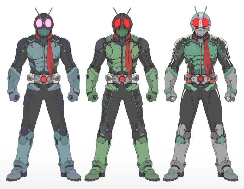 3boys alternate_color antennae armor armored_boots black_bodysuit bodysuit boots breastplate chinese_commentary clenched_hands commentary_request driver_(kamen_rider) full_body gauntlets glowing glowing_eyes green_armor grey_armor grey_footwear highres kamen_rider kamen_rider_(1st_series) kamen_rider_1 kamen_rider_2 multiple_boys red_eyes red_scarf scarf simple_background standing typhoon_(kamen_rider) v-fin white_background xiangzi_box