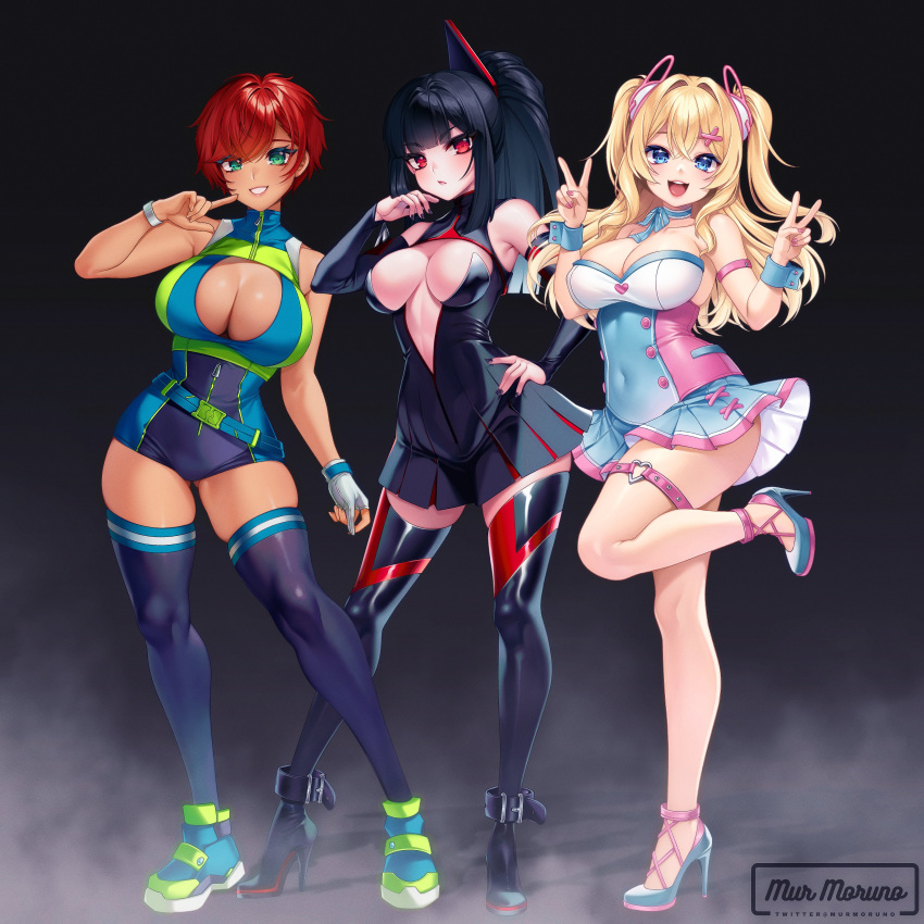 3girls absurdres black_footwear black_hair blonde_hair blue_eyes blue_footwear blush boots breasts character_request cleavage closed_mouth copyright_name dark-skinned_female dark_skin double_v gloves green_eyes grey_gloves grin high_heel_boots high_heels highres large_breasts long_hair multiple_girls murmoruno open_mouth parted_lips partially_fingerless_gloves red_eyes red_hair shoes short_hair single_glove smile sneakers teeth thigh_strap upper_teeth_only v