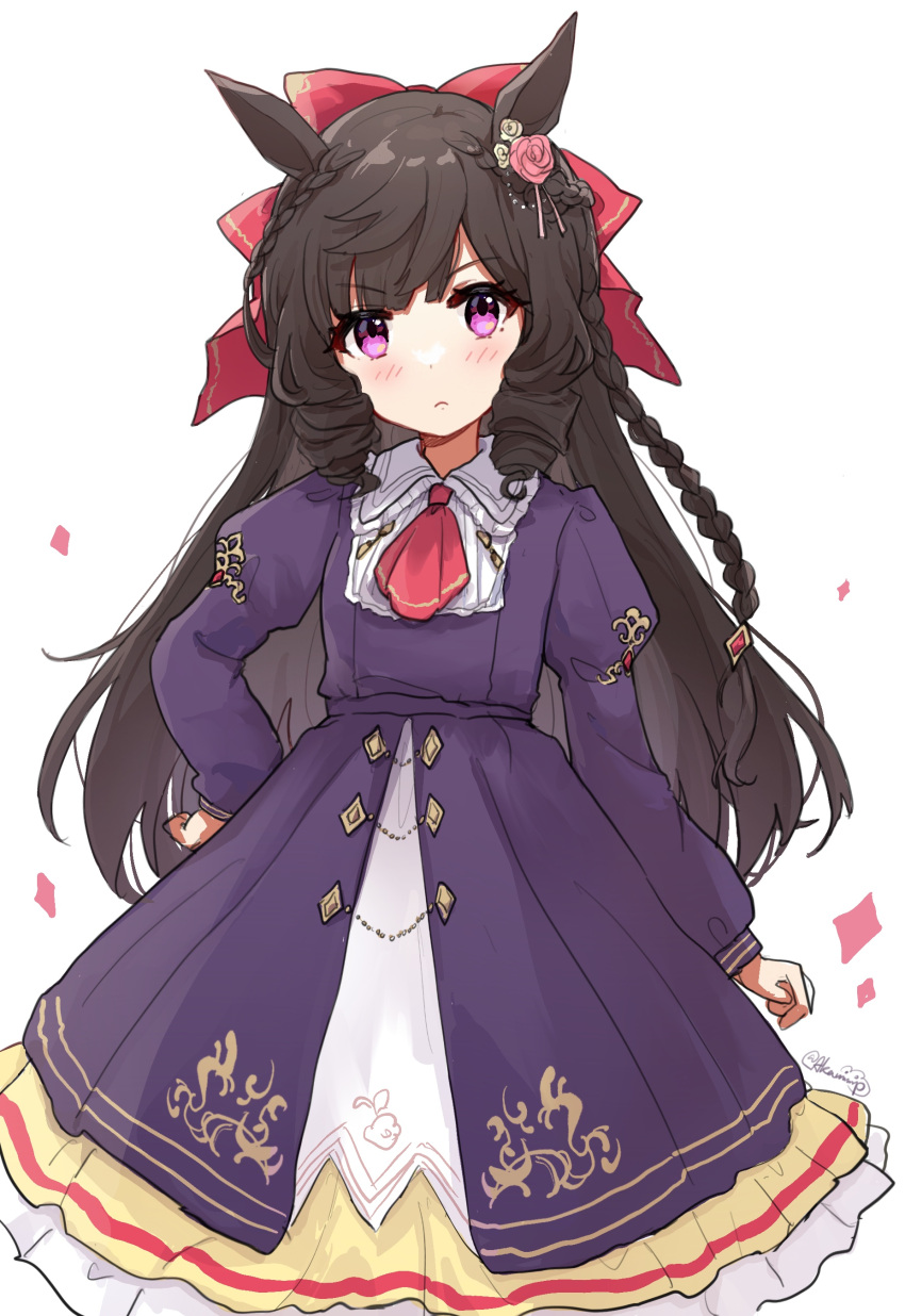 1girl :&lt; absurdres animal_ears black_hair blush bow braid closed_mouth collarbone commentary_request daiichi_ruby_(umamusume) dress drill_hair flower frills hair_bow hair_flower hair_ornament hand_on_hip highres horse_ears horse_girl juliet_sleeves lolita_fashion long_braid long_hair long_sleeves looking_at_viewer nnnn puffy_sleeves purple_dress purple_eyes side_drill simple_background sleeves_past_wrists solo umamusume v-shaped_eyebrows very_long_hair white_background