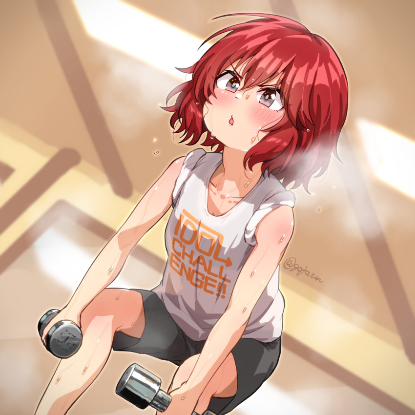 1girl :o black_shorts blush breasts collarbone dumbbell dutch_angle exercise feet_out_of_frame gojarun idolmaster idolmaster_cinderella_girls indoors murakami_tomoe red_hair shirt shorts sleeves_rolled_up small_breasts solo steam steaming_body sweatdrop twitter_username v-shaped_eyebrows weightlifting white_shirt