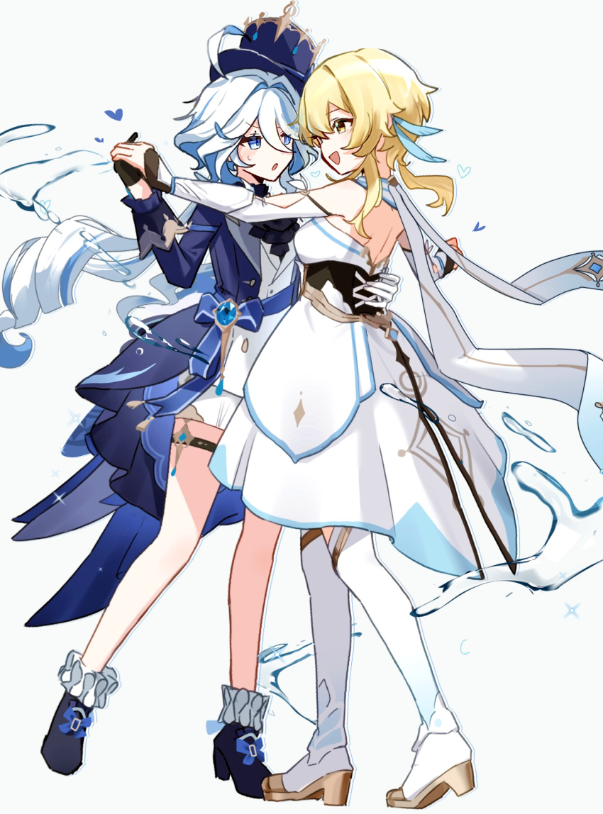 2girls ahoge ascot asymmetrical_gloves bare_shoulders black_ascot black_corset black_footwear black_gloves blonde_hair blue_bow blue_eyes blue_hair blue_headwear blue_jacket blue_sash boots bow corset dancing detached_sleeves dress feather_hair_ornament feathers footwear_bow frilled_socks frills full_body furina_(genshin_impact) genshin_impact gloves grey_background hair_intakes hair_ornament hand_on_another's_back hands_up hat heart highres holding_hands jacket light_blush long_hair long_sleeves looking_at_another lumine_(genshin_impact) mismatched_gloves mismatched_pupils multicolored_hair multiple_girls open_mouth outstretched_arms ponytail sash scarf short_hair short_hair_with_long_locks shorts shoulder_sash sidelocks simple_background sleeve_cuffs smile socks standing sweat thigh_strap thighhighs top_hat two-tone_hair utori_(tanakautori) vest vision_(genshin_impact) water water_drop white_dress white_gloves white_hair white_scarf white_shorts white_thighhighs white_vest yellow_eyes