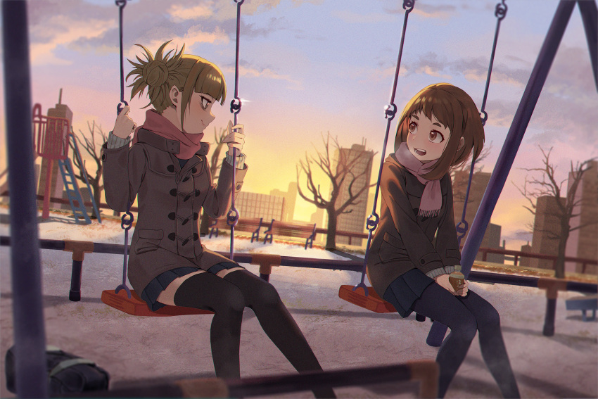 2girls bench black_pantyhose black_thighhighs blonde_hair blue_skirt blunt_bangs boku_no_hero_academia brown_coat brown_eyes brown_hair building city cloud coat evening highres matsumotoshinnnosuke medium_hair multiple_girls pantyhose park park_bench pink_scarf playground scarf sidelocks sitting skirt sky swing swing_set thighhighs toga_himiko tree uraraka_ochako