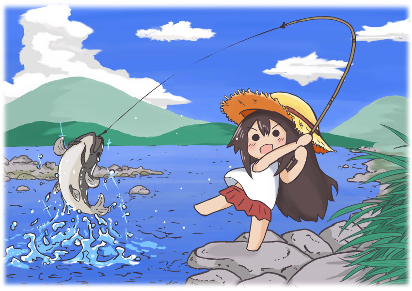 absurdres aged_down akagi_(kancolle) alternate_costume barefoot blue_sky cloud fish fishing fishing_hook fishing_line fishing_rod hat highres holding holding_fishing_rod kantai_collection megahiyo red_skirt river rock skirt sky splashing straw_hat tank_top water