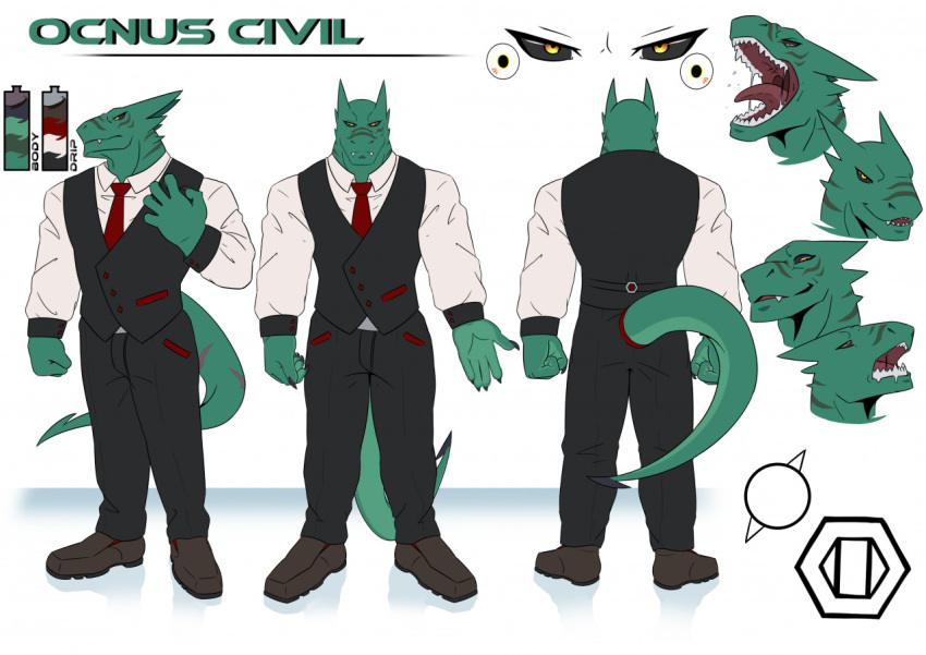 anthro black_sclera bodily_fluids bulge civil claws clothing dragon dress_pants dress_shirt dress_shoes electrical_plug facial_expressions horn lizard male markings model_sheet necktie ocnus orange_eyes pointed_tail reptile saliva samaraka scalie scar shirt solo tail teeth tongue topwear vest villian