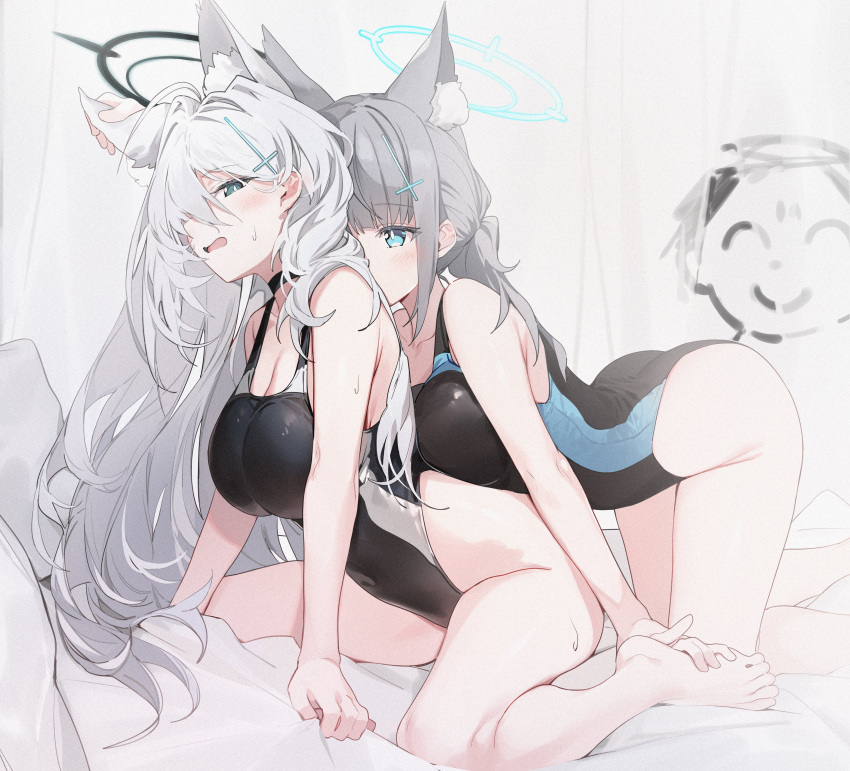 1boy 2girls absurdres animal_ear_fluff animal_ears arona's_sensei_doodle_(blue_archive) bare_shoulders blue_archive blue_eyes blue_one-piece_swimsuit blush breasts cleavage collarbone commentary covered_navel cross_hair_ornament extra_ears grey_hair hair_ornament halo highleg highleg_swimsuit highres large_breasts leaning_forward long_hair looking_at_viewer medium_breasts medium_hair multicolored_clothes multicolored_swimsuit multiple_girls one-piece_swimsuit open_mouth sensei_(blue_archive) shiroko_(blue_archive) shiroko_(swimsuit)_(blue_archive) shiroko_(terror)_(blue_archive) short_ponytail sidelocks silver_(chenwen) sitting swimsuit thighs wariza wolf_ears