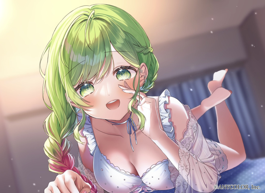 1girl :d bare_legs bare_shoulders barefoot bed_sheet blurry blurry_background blush braid braided_ponytail breasts cleavage collarbone crown_braid curtains feet_up frills full_body green_eyes green_hair hand_on_own_face highres indoors large_breasts long_hair looking_at_viewer lying morinaka_kazaki multicolored_hair nijisanji off_shoulder on_stomach open_mouth pink_hair pink_ribbon pome_charo ribbon see-through shirt side_ponytail smile solo teeth two-tone_hair upper_teeth_only white_shirt