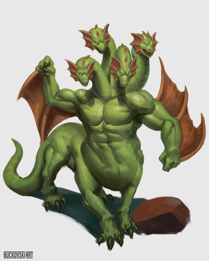 4:5 absurd_res anthro buckovskiart claws full-length_portrait green_body green_eyes heads_together hi_res hydra male male/male monster multi_head mythology portrait rock scalie solo spread_wings wings