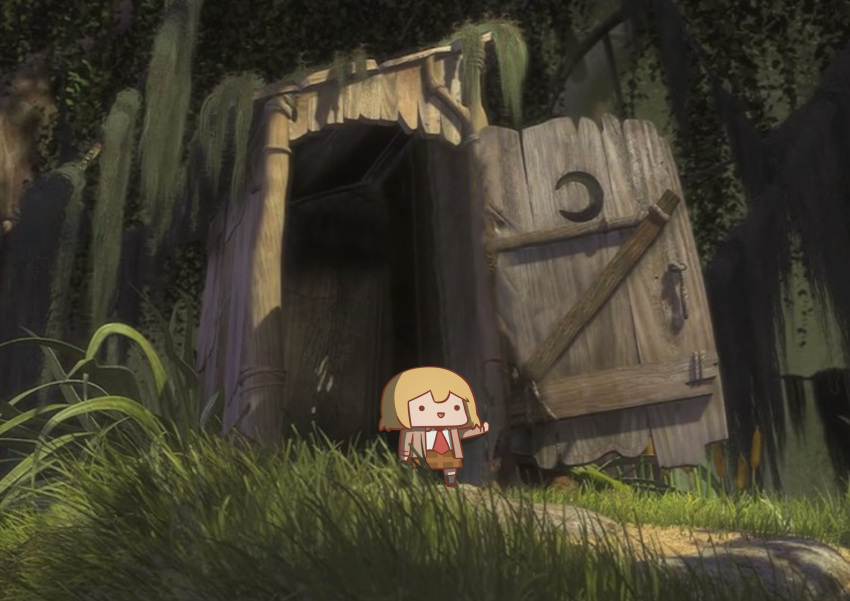 ._. 1girl :d absurdres blonde_hair brown_jacket brown_skirt chibi commentary forest grass grey_socks highres hololive hololive_english jacket nature necktie open_door opening_door outdoors outhouse outstretched_arms parody phdpigeon plaid plaid_skirt red_necktie scene_reference shirt shrek_(series) skirt smile smol_ame socks solo standing tree virtual_youtuber watson_amelia white_shirt