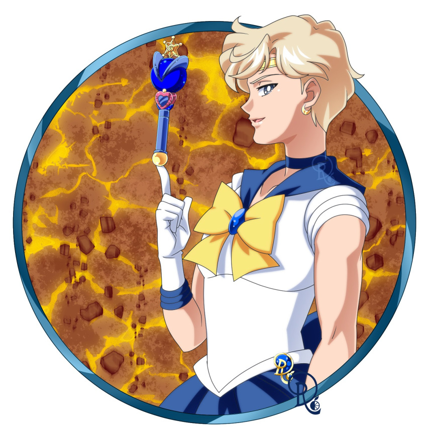 1girl balancing_on_finger bishoujo_senshi_sailor_moon blonde_hair blue_choker blue_sailor_collar breasts choker circlet commentary commission crescent crescent_earrings drachea_rannak earrings english_commentary gloves grey_eyes highres jewelry pin profile sailor_collar sailor_uranus short_hair small_breasts solo ten'ou_haruka toned underwear wand watermark white_gloves