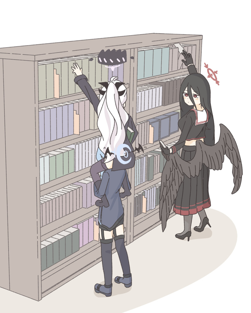 3girls absurdres ako_(blue_archive) black_footwear black_gloves black_hair black_pantyhose black_serafuku black_skirt black_wings blue_archive blue_footwear blue_hair blue_thighhighs book bookshelf boots demon_horns demon_wings enobun3gyo feathered_wings gloves hair_between_eyes halo hasumi_(blue_archive) height_difference high_heels high_ponytail highres hina_(blue_archive) holding holding_book horns indoors long_hair long_sleeves looking_at_another miniskirt mole mole_under_eye multiple_girls pantyhose pencil_skirt pleated_skirt purple_thighhighs reaching red_eyes sailor_collar school_uniform serafuku sitting_on_shoulder skirt thighhighs very_long_hair white_sailor_collar wings