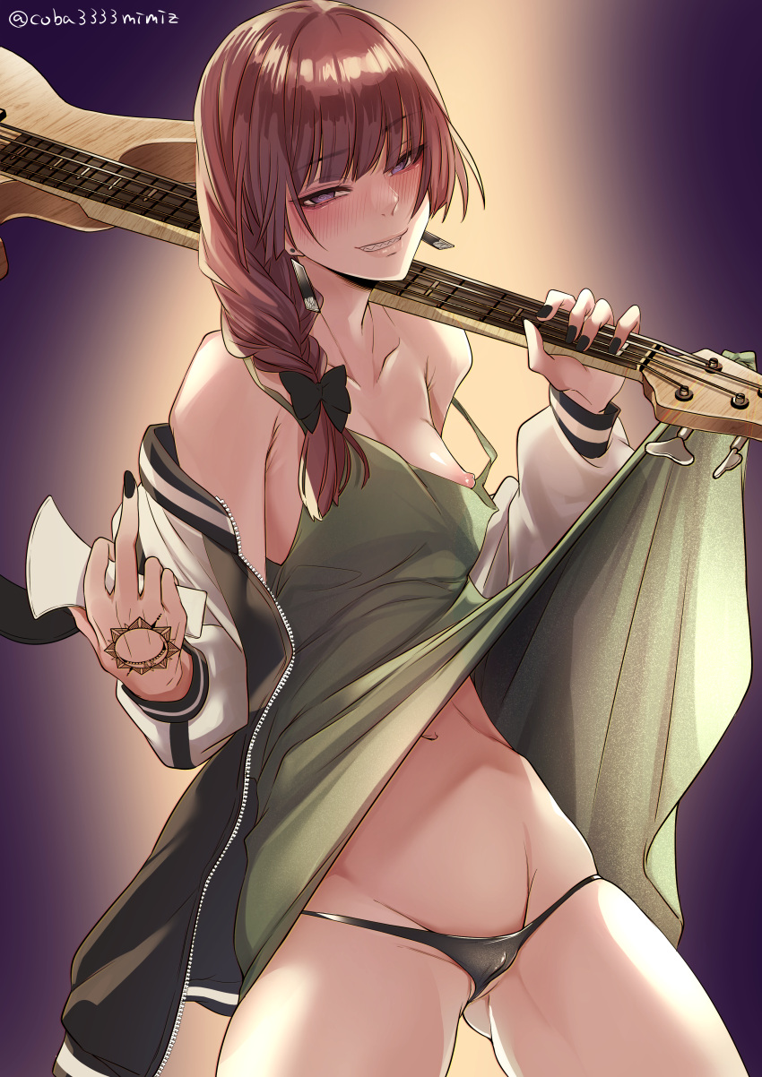 1girl @_@ absurdres ass_visible_through_thighs bare_shoulders bass_guitar black_bow black_jacket black_nails blunt_bangs blush bocchi_the_rock! bow braid breasts breasts_out cameltoe cobacomimiz33 collarbone dress earrings green_dress grin hair_bow hair_over_shoulder hand_tattoo highres hiroi_kikuri holding holding_instrument instrument jacket jewelry long_hair long_sleeves looking_at_viewer low-braided_long_hair medium_dress multicolored_clothes multicolored_jacket music nail_polish navel nipple_slip nipples off_shoulder open_clothes open_jacket open_mouth playing_instrument ringed_eyes sharp_teeth simple_background single_braid smile solo solo_focus strap_slip tattoo teeth two-tone_jacket underwear wardrobe_malfunction white_jacket