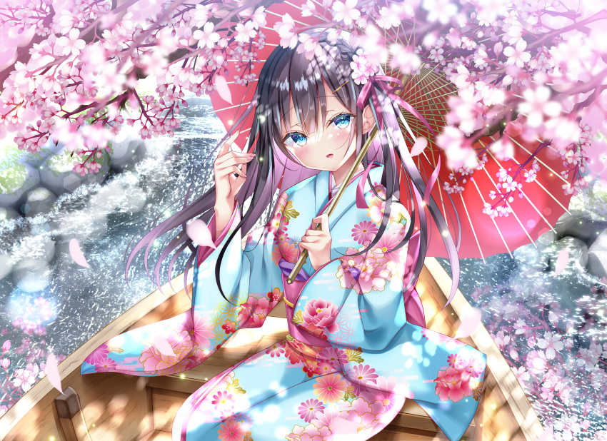 1girl absurdres black_hair blue_eyes blue_kimono blush canoe cherry_blossoms colored_inner_hair english_commentary falling_petals feet_out_of_frame fingernails floral_print flower gradient_hair hair_flower hair_ornament hair_ribbon hands_up highres holding holding_umbrella japanese_clothes kimono long_hair long_sleeves looking_at_viewer mixed-language_commentary multicolored_hair nae-nae nail_polish obiage obijime oil-paper_umbrella open_mouth original outdoors petals pink_flower pink_hair pink_nails pink_ribbon print_kimono ribbon sitting smile solo umbrella water wide_sleeves