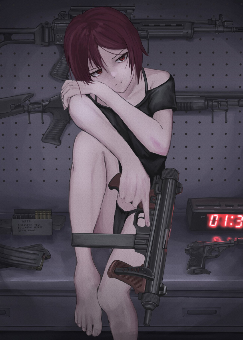 1girl ammunition black_hair brown_eyes clock d-sawa613 digital_clock expressionless eyelashes eyeliner gun hair_between_eyes handgun head_rest head_tilt highres holding holding_gun holding_weapon magazine_(weapon) makeup off-shoulder_shirt off_shoulder original red_eyes serious shirt short_hair shotgun sidelocks sitting sitting_on_table solo strap submachine_gun thighs weapon