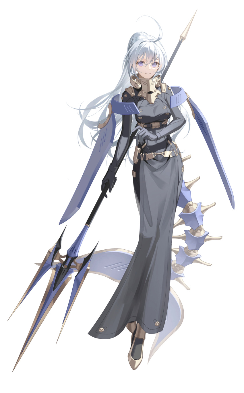 1girl ahoge breasts floating_clothes full_body highres holding holding_polearm holding_weapon long_hair looking_at_viewer mechanical_tail medium_breasts original pelvic_curtain polearm ponytail purple_eyes solo tail trident tsuki-shigure weapon white_background white_hair