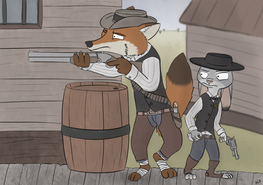 aiming anothercolouranon anthro barrels canid canine clothing disney duo female fox gun handgun hat headgear headwear judy_hopps lagomorph leporid male mammal nick_wilde rabbit ranged_weapon revolver weapon wild_west wooden_house zootopia