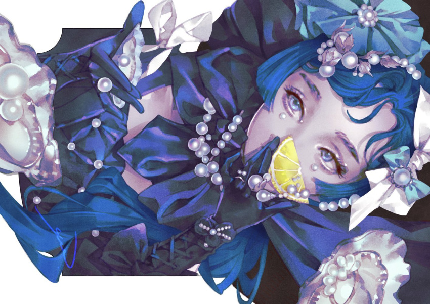 1girl blue_eyes blue_gloves blue_hair elbow_gloves food fruit gloves hair_ornament holding holding_shell jewelry lemon lemon_slice looking_to_the_side necklace original parted_bangs pearl_necklace ring shadow shell short_hair solo upper_body yue_(memento1113)