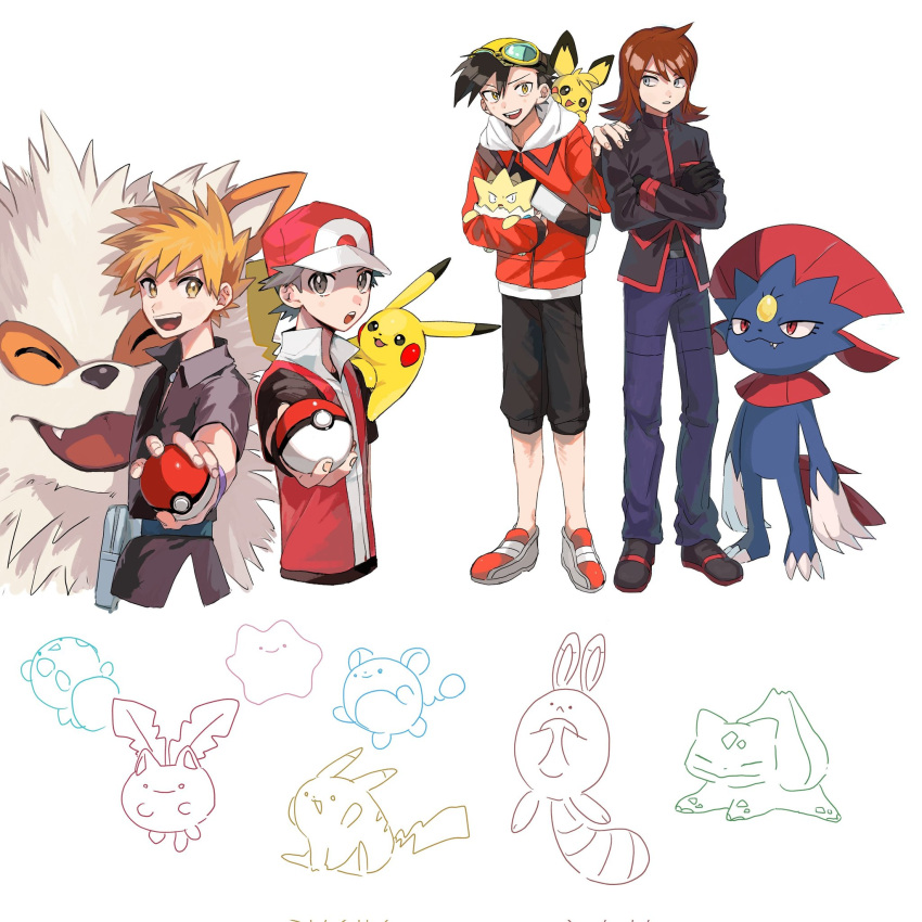 4boys :d arcanine azumarill blue_oak bulbasaur collared_shirt commentary_request crossed_arms ditto ethan_(pokemon) fanny_pack goggles goggles_on_headwear grey_bag hat highres holding holding_poke_ball hoppip jacket male_focus marill momotose_(hzuu_xh4) multiple_boys open_mouth pants partially_colored pichu pikachu poke_ball poke_ball_(basic) pokemon pokemon_(game) pokemon_adventures pokemon_frlg red_(pokemon) red_headwear red_vest sentret shirt shoes short_hair silver_(pokemon) smile spiked_hair togepi vest weavile wristband