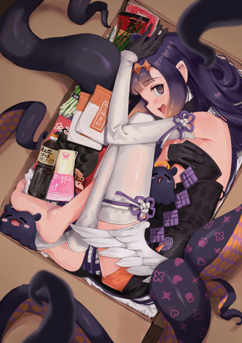 1girl @_@ armpit_crease bare_shoulders barefoot black_shirt blurry blurry_foreground blush box breasts cardboard_box commentary depth_of_field elbow_gloves feet food gloves gradient_hair hair_ornament hand_up highres hololive hololive_english in_box in_container indoors knees_up legs long_hair long_legs low_wings mayonnaise_bottle mochiyuki_(gigfor1) multicolored_hair ninomae_ina'nis no_shoes open_mouth orange_shorts purple_eyes purple_hair purple_ribbon ribbon shirt short_shorts shorts single_thighhigh sleeveless sleeveless_shirt small_breasts solo strapless strapless_shirt takodachi_(ninomae_ina'nis) takoyaki_pan tentacle_hair tentacles thighhighs toenails toes virtual_youtuber wings