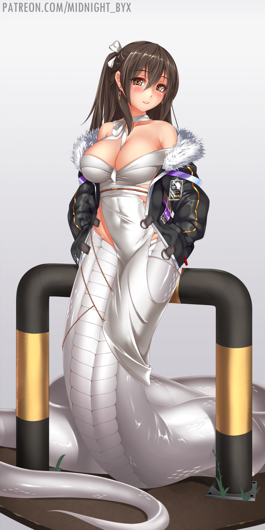 1girl between_breasts blonde_hair breasts brown_hair cleavage dress highres jacket large_breasts long_hair looking_at_viewer midnight_(banyex) open_clothes open_jacket original side_slit smile solo white_dress