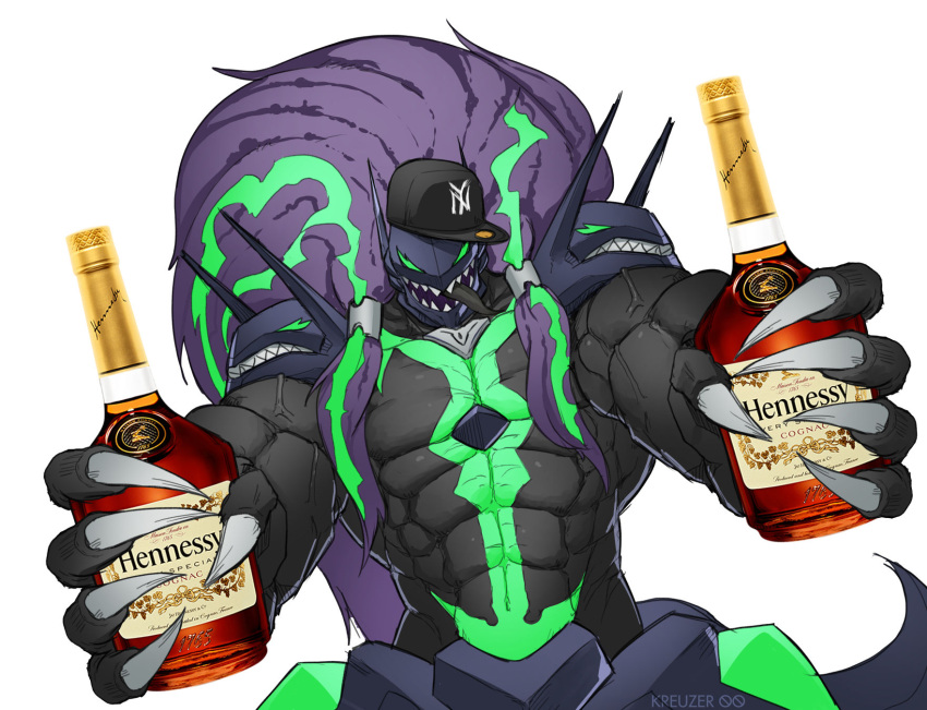 1boy armor baseball_cap black_hair black_tongue blazblue blazblue:_central_fiction drink english_commentary green_eyes green_hair hair_tubes hat hennessy highres holding holding_drink kreuzer_00 male_focus multicolored_hair open_mouth reaching reaching_towards_viewer signature susanoo_(blazblue) tail teeth two-tone_hair veins veiny_arms