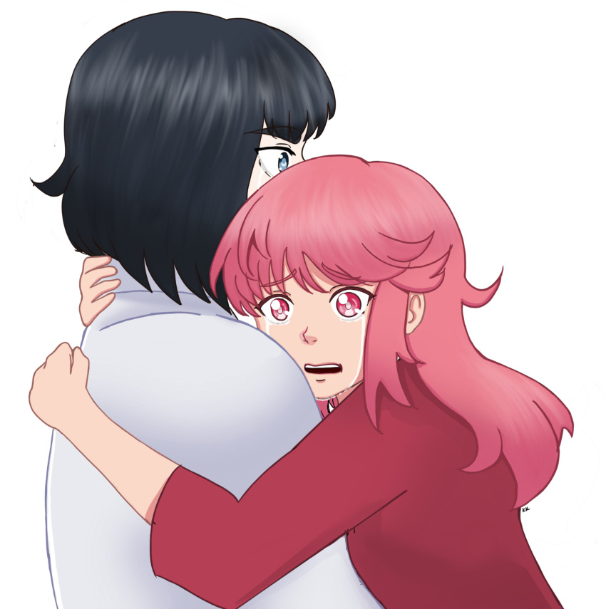 black_hair bob_cut comforting crying crying_with_eyes_open highres hug jakuzure_nonon karinakamichi kill_la_kill kiryuuin_satsuki no_text pink_hair short_hair tears thick_eyebrows white_background yuri