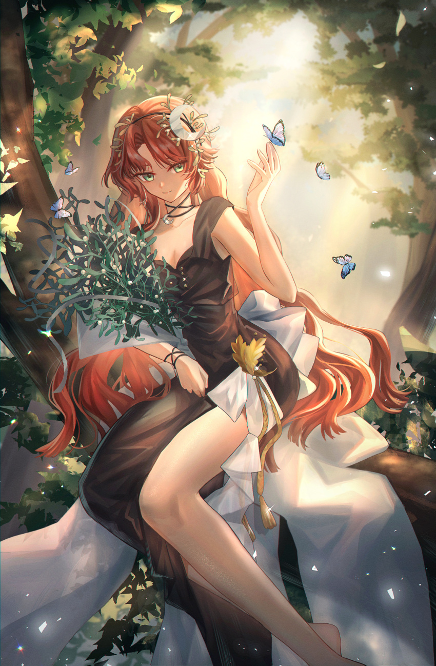 1girl bare_arms bare_shoulders barefoot black_dress blue_butterfly bouquet bracelet bug butterfly butterfly_on_hand crescent crescent_hair_ornament curly_hair dress druvis_iii fanxing_(user_kydu8524) feet_out_of_frame green_eyes hair_ornament hand_up highres holding holding_bouquet in_tree jewelry leaf_hair_ornament light_particles long_dress long_hair looking_at_viewer mistletoe necklace orange_hair parted_bangs reverse:1999 side_slit sitting sitting_in_tree sitting_on_branch sleeveless sleeveless_dress smile solo sunlight tree very_long_hair