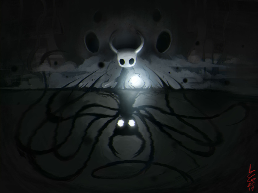 2019 altered_reflection ambiguous_gender animal_humanoid arthropod arthropod_humanoid ashenhare black_eyes black_tentacles container dark_theme detailed_background digital_media_(artwork) digital_painting_(artwork) distortion duality empty_eyes front_view full-length_portrait glowing glowing_eyes hi_res holding_object holding_weapon hollow_knight horn humanoid insect insect_humanoid jar looking_at_reflection looking_at_self magic nail_(weapon) outside portrait protagonist_(hollow_knight) reflection shade_(hollow_knight) shadow_creature solo stairs tar team_cherry tentacle_monster tentacles vignette void_(hollow_knight) weapon white_eyes