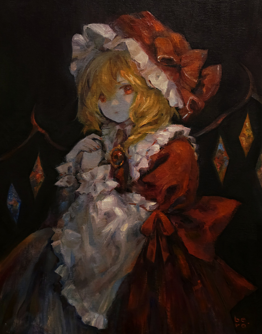 1girl absurdres alternate_costume alternate_headwear_color artist_name black_background blonde_hair bow brooch closed_mouth commentary crystal dress english_commentary flandre_scarlet frilled_shirt_collar frilled_sleeves frills hair_between_eyes hands_up hat hat_bow highres jewelry looking_at_viewer lossy-lossless medium_hair mob_cap oil_painting_(medium) own_hands_together painting_(medium) photo_(medium) puffy_sleeves red_bow red_dress red_eyes red_headwear red_nails red_ribbon ribbon signature solo svveetberry touhou traditional_media wide_sleeves wings