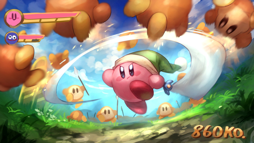 absurdres angry blue_sky crossover gameplay_mechanics gooey_(kirby) grass green_headwear health_bar highres holding holding_polearm holding_sword holding_weapon kirby kirby_(series) outdoors polearm shiburingaru shin_sangoku_musou sky spear sword sword_kirby user_interface waddle_dee weapon