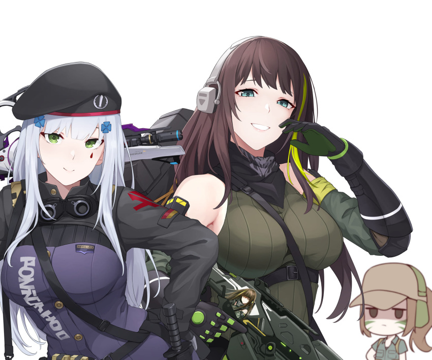 assault_rifle beret blunt_bangs breasts brown_eyes brown_hair call_of_duty call_of_duty:_mobile check_commentary chibi chibi_inset closed_mouth commentary commentary_request facial_mark german_flag girls'_frontline gloves goggles goggles_around_neck green_eyes green_hair grey_hair grey_tank_top gun hair_ornament hat highres hk416_(girls'_frontline) holding holding_gun holding_weapon jacket long_hair long_sleeves looking_at_viewer m4a1_(girls'_frontline) m4a1_(mod3)_(girls'_frontline) mask multicolored_hair multiple_girls narchiart open_collar particle_cannon_case patrol_cap ponytail rifle simple_background skull_mask streaked_hair tank_top teardrop teardrop_facial_mark teardrop_tattoo urban_tracker_(call_of_duty:_mobile) very_long_hair weapon white_background