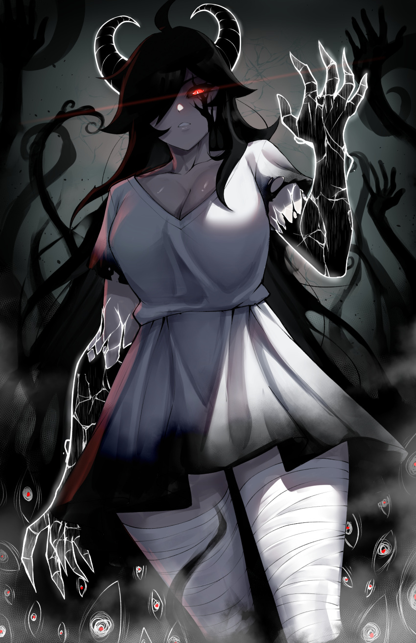 1girl absurdres black_hair breasts cleavage commentary cowboy_shot cracked_skin creepy_eyes dark demon_girl demon_horns dress eldritch_abomination english_commentary extra_eyes glowing glowing_eyes highres horns horror_(theme) long_hair looking_at_viewer monster original rageman709 red_eyes solo teeth white_dress