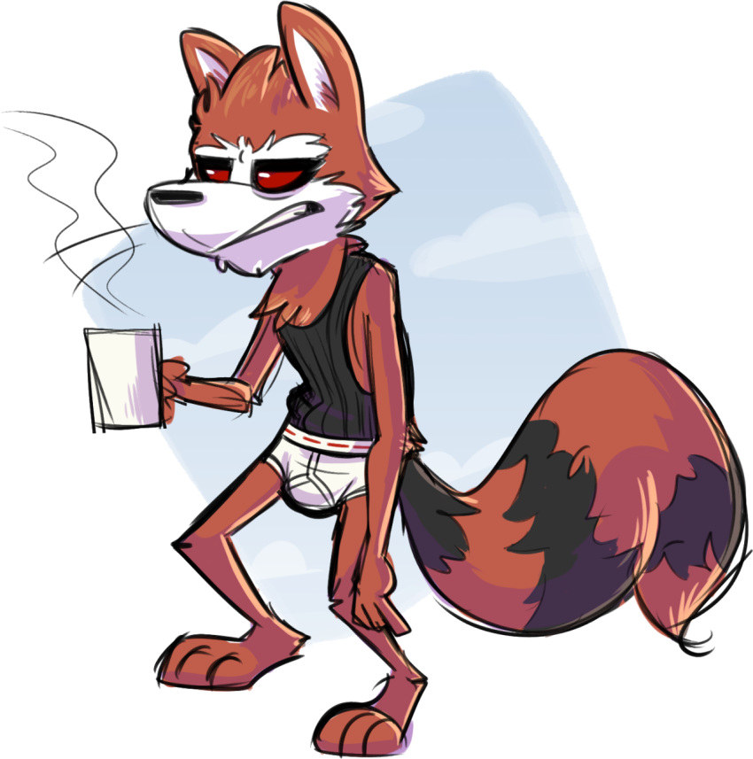 anthro barefoot beverage black_body black_clothing black_fur black_nose black_shirt black_tank_top black_topwear briefs brown_body brown_fur bulge clothing coffee coffee_cup container cup detailed_background feet fur goronic guardians_of_the_galaxy hi_res holding_beverage holding_object male mammal marvel open_mouth procyonid raccoon red_sclera rocket_raccoon shirt solo steam tank_top teeth_showing tighty_whities topwear underwear white_body white_briefs white_clothing white_fur white_underwear