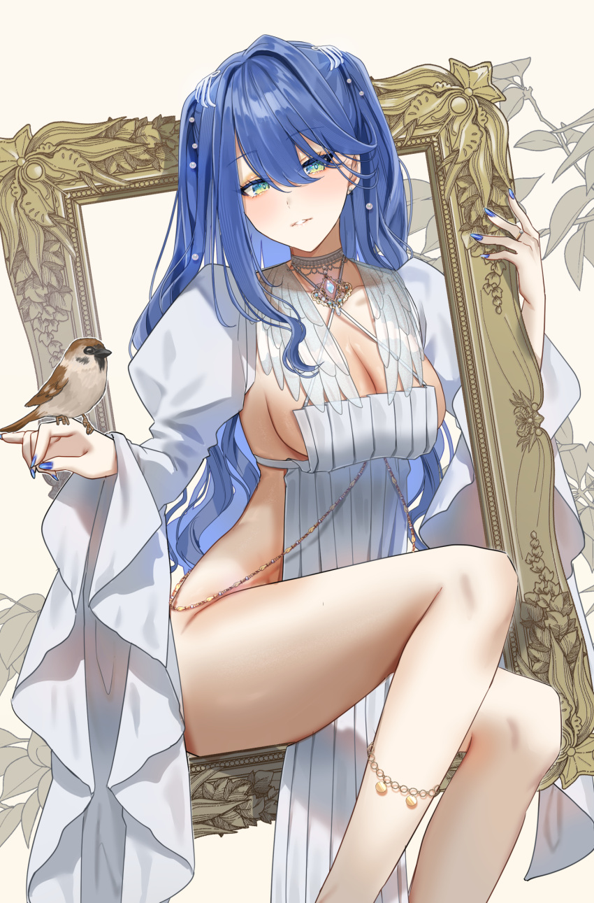 1girl anzu0130 bird blue_hair blush breasts cleavage collarbone dress green_eyes highres jewelry long_hair long_sleeves looking_at_viewer medium_breasts no_panties original parted_lips pelvic_curtain pendant picture_frame revealing_clothes sideboob solo thighs two_side_up white_dress wide_sleeves