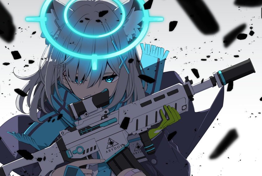 1girl animal_ear_fluff animal_ears aqua_scarf assault_rifle blue_archive blue_eyes blue_jacket commentary cross_hair_ornament gloves glowing_halo green_gloves grey_hair gun hair_ornament hair_over_one_eye halo holding holding_gun holding_weapon jacket medium_hair rifle rubble sakuraba_yuuki scarf shiroko_(blue_archive) single_glove solo upper_body weapon weapon_request wolf_ears wolf_girl