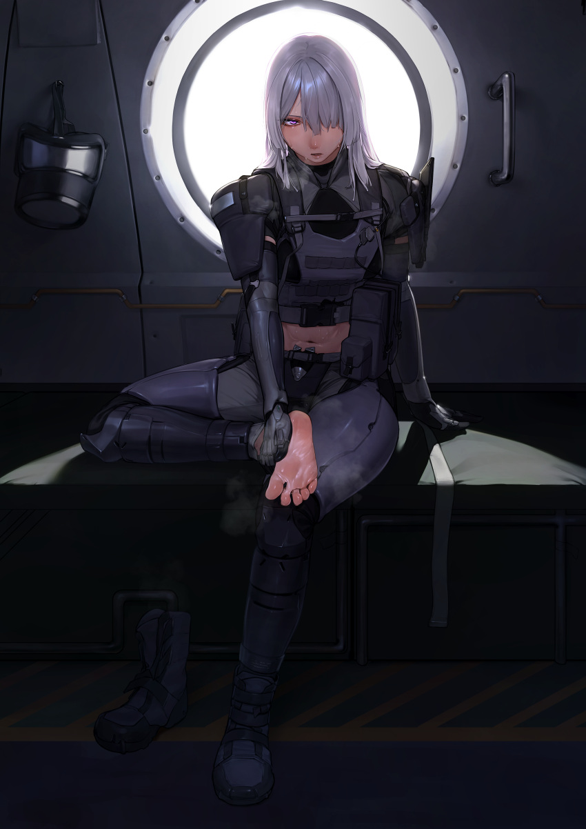 1girl absurdres ak-15_(girls'_frontline) ak-15_(mod3)_(girls'_frontline) beeeeen black_footwear black_gloves black_pants black_shirt body_armor boots commentary_request commission crop_top elbow_gloves feet full_body girls'_frontline gloves grey_hair hair_between_eyes hair_over_one_eye highres indoors knee_boots long_hair looking_at_viewer midriff navel pants parted_lips pixiv_commission purple_eyes shadow shirt single_barefoot single_boot sitting solo steam sweat tactical_clothes window