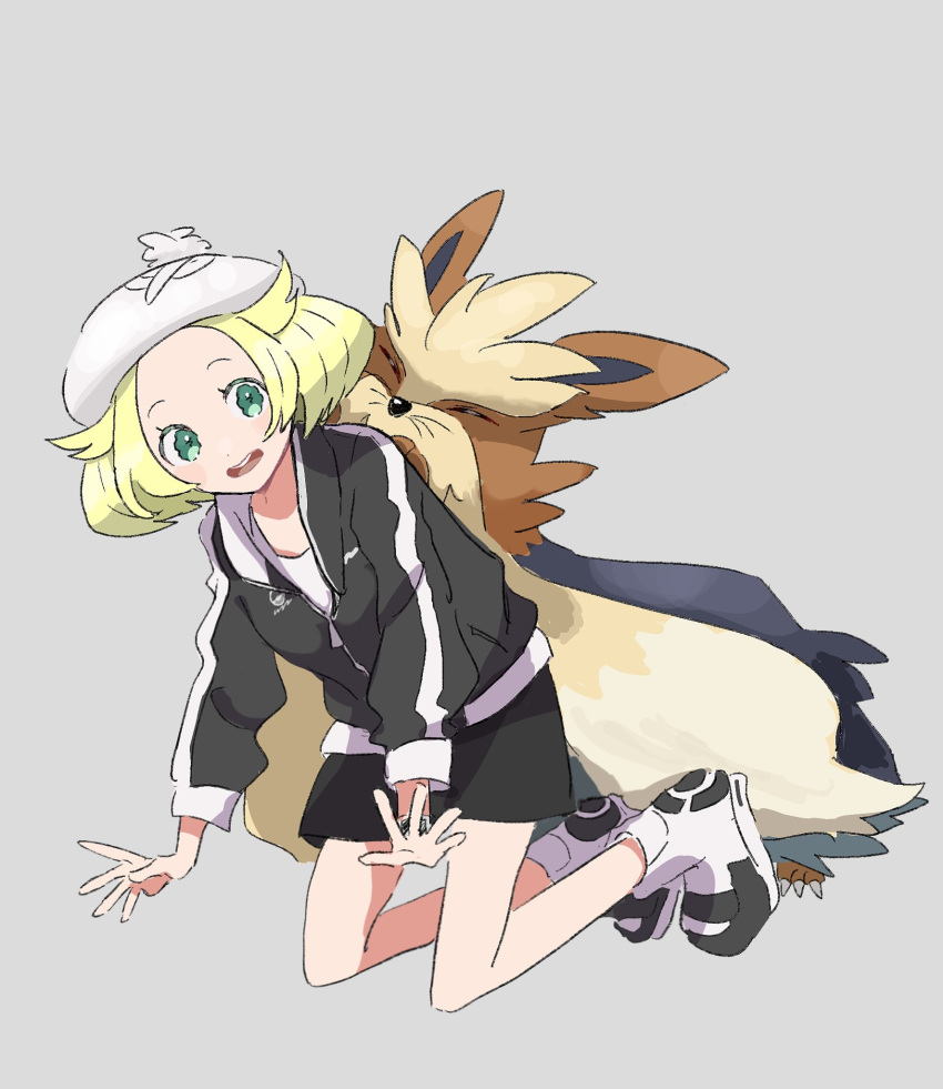 1girl alternate_costume bianca_(pokemon) black_jacket black_shorts blonde_hair boots eneko_(olavcnkrpucl16a) eyelashes green_eyes grey_background hat highres jacket kneeling open_mouth pokemon pokemon_(creature) pokemon_(game) pokemon_bw pokemon_on_back shirt short_hair shorts stoutland tam_o'_shanter teeth tongue upper_teeth_only wavy_eyes white_footwear white_headwear white_shirt