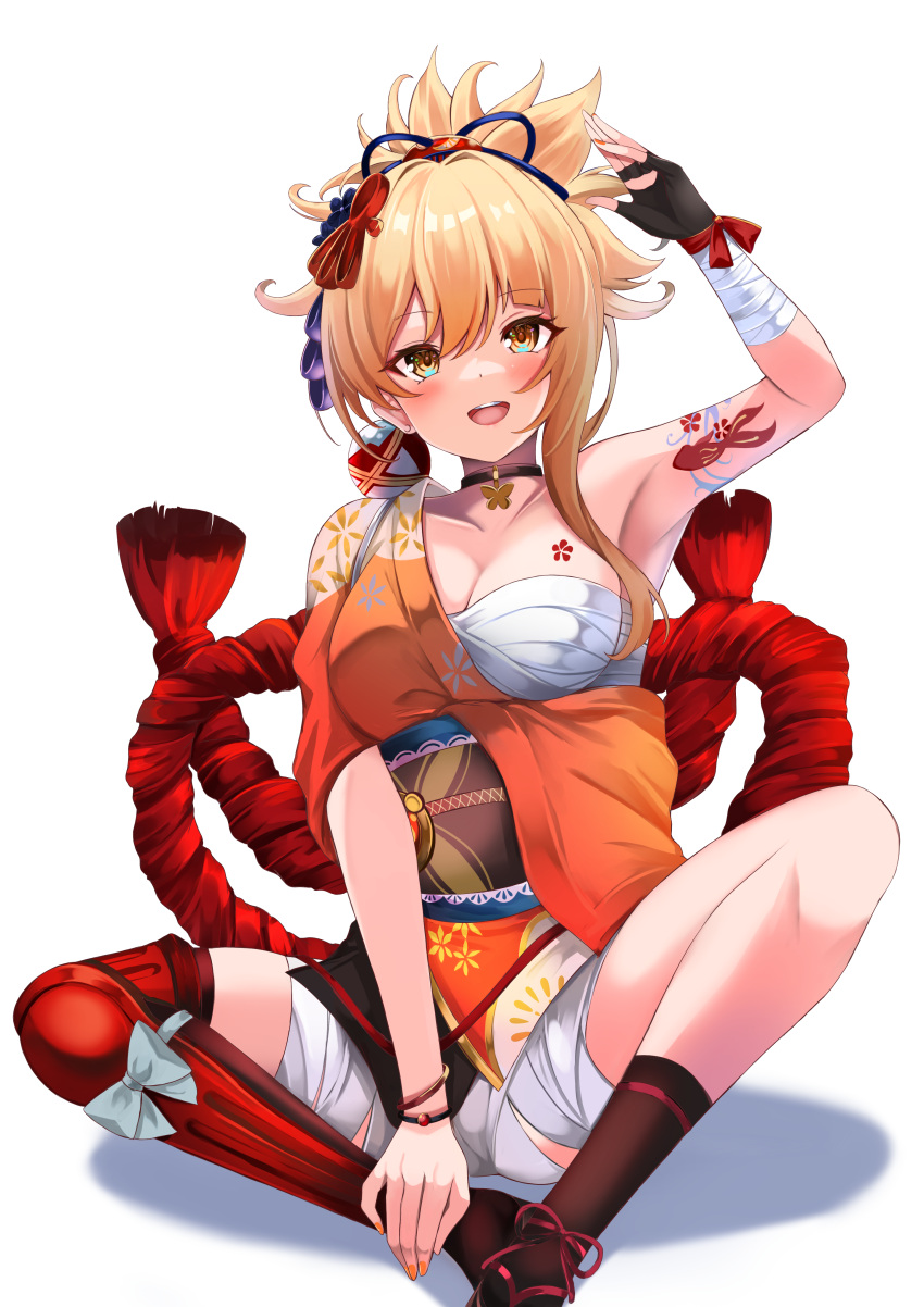 1girl absurdres arm_tattoo bandaged_arm bandaged_leg bandages blonde_hair bow butterfly_choker chest_sarashi chest_tattoo choker fingerless_gloves fish_tattoo flower_tattoo genshin_impact gloves hadanugi_dousa hair_ornament highres japanese_clothes kimono open_mouth orange_kimono red_bow red_choker rope sarashi shibakame shimenawa simple_background single_fingerless_glove smile solo tattoo white_background yellow_eyes yoimiya_(genshin_impact)