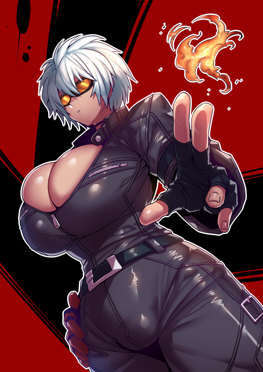 1girl absurdres belt black_gloves breasts cleavage cleavage_cutout clothing_cutout commission fingerless_gloves fire genderswap genderswap_(mtf) gloves highres jumpsuit k'_(kof) large_breasts parted_lips short_hair skeb_commission skindentation solo sunglasses tan the_king_of_fighters tukiwani white_hair zipper_pull_tab