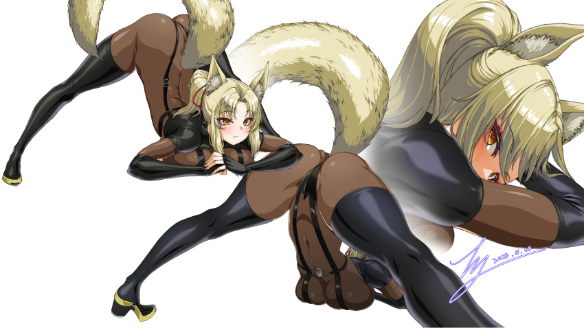 1girl absurdres animal_ear_fluff animal_ears ass black_bodysuit black_footwear black_gloves blonde_hair bodysuit boots breasts commission dark_persona dog_days elbow_gloves fingerless_gloves fox_ears fox_girl fox_tail gloves hair_ribbon highres jack-o'_challenge large_breasts parted_bangs pixiv_commission ponytail rantia red_ribbon ribbon skin_tight tail thigh_boots yellow_eyes yukikaze_panettone