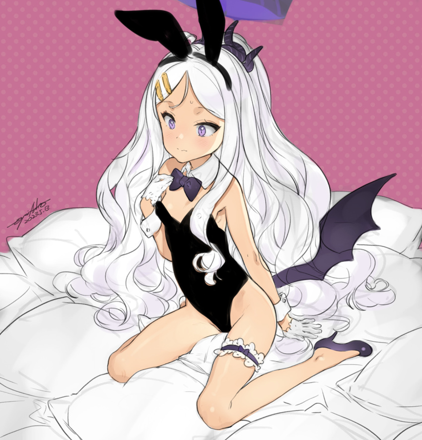 1girl animal_ears artist_name black_leotard blue_archive blush bow bowtie breasts cleavage closed_mouth commentary_request covered_navel dated demon_horns demon_wings detached_collar fake_animal_ears forehead gloves grey_hair half_gloves halo high_heels highres hina_(blue_archive) horns leotard long_hair monochrome oyari_ashito paid_reward_available parted_bangs petite pink_background playboy_bunny polka_dot polka_dot_background purple_bow purple_bowtie purple_eyes purple_footwear rabbit_ears ribs signature sitting sketch small_breasts solo sweatdrop thigh_garter very_long_hair wariza wavy_hair wavy_mouth white_gloves wings wrist_cuffs