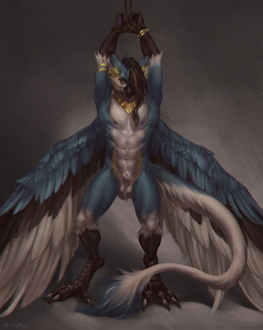 2020 4_toes abs ammeris animal_genitalia anthro arms_above_head avian avian_feet b.koal ball_tuft balls beak black_beak black_hair blonde_highlights bound bracelet cheek_tuft claws detailed detailed_feathers digital_media_(artwork) digital_painting_(artwork) ear_piercing ear_ring eye_of_horus facial_tuft feathered_wings feathers feet front_view fully_sheathed genitals gold_(metal) gold_armlet gold_bracelet gold_earring gold_jewelry gold_necklace grey_background gryphon hair hair_over_eye hi_res highlights_(coloring) jewelry long_claws long_hair long_tail looking_at_viewer male muscular muscular_male mythological_avian mythology necklace nude one_eye_obstructed pecs piercing prisoner ring_piercing serratus sheath simple_background solo spread_wings standing tail tail_tuft toes triceps tuft undercut wings wrists_tied