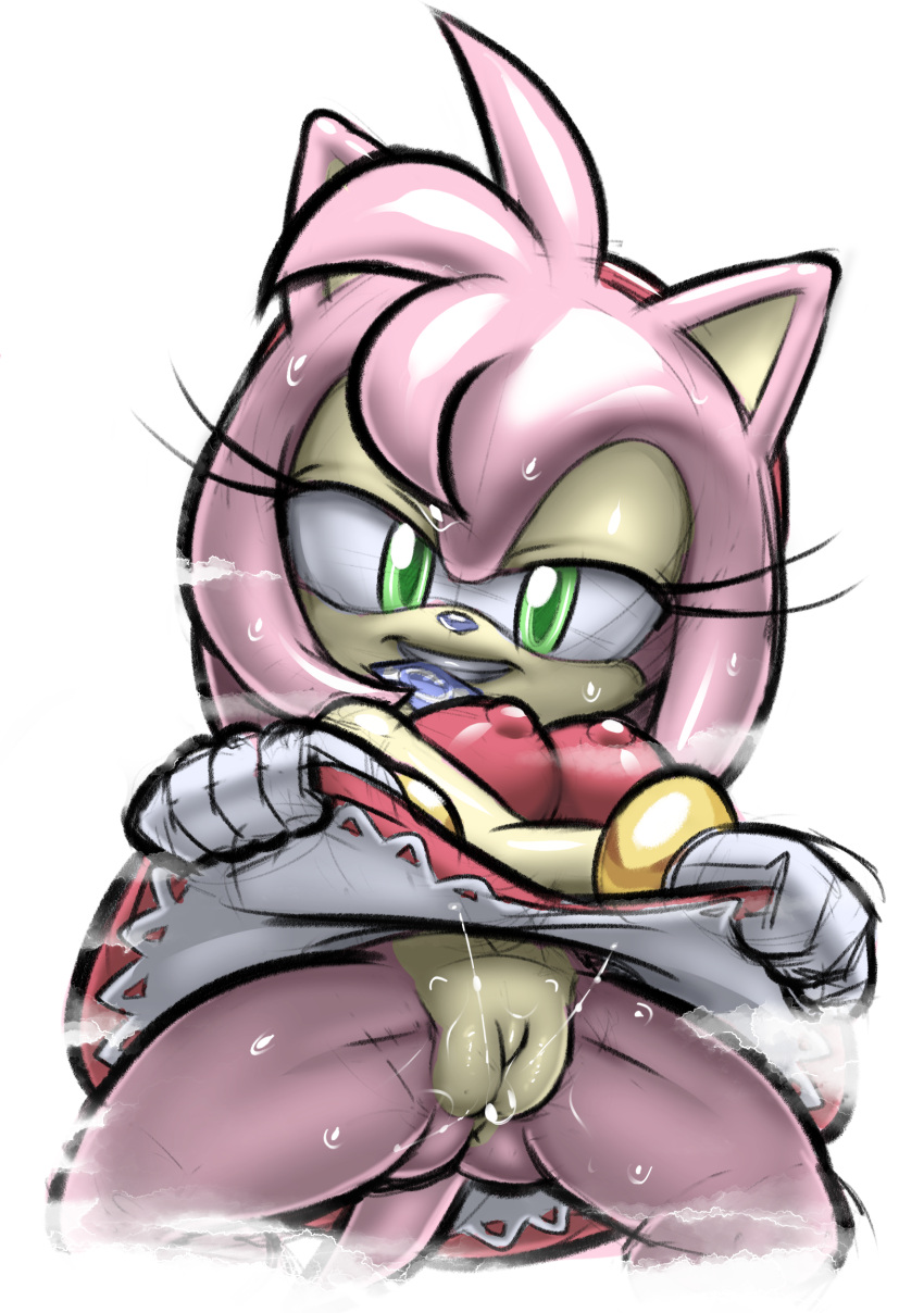 2023 amy_rose anthro bodily_fluids bottomless breasts clothed clothing dress erect_nipples eulipotyphlan female genital_fluids genitals gloves green_eyes hair handwear hedgehog hi_res is_(artist) mammal multicolored_body nipple_outline nipples pink_body pink_hair plump_labia pussy pussy_juice sega smile solo sonic_the_hedgehog_(series) sweat sweaty_legs sweaty_thighs tan_body two_tone_body