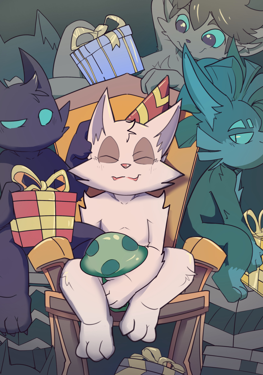 anthro blue_body blue_fur brown_hair covering covering_crotch eyes_closed fur gift group hair hi_res kennen_(lol) league_of_legends male male/male mammal mohawk mousesix no_irises nude purple_body purple_fur riot_games rumble tan_body tan_fur teemo_(lol) veigar yordle