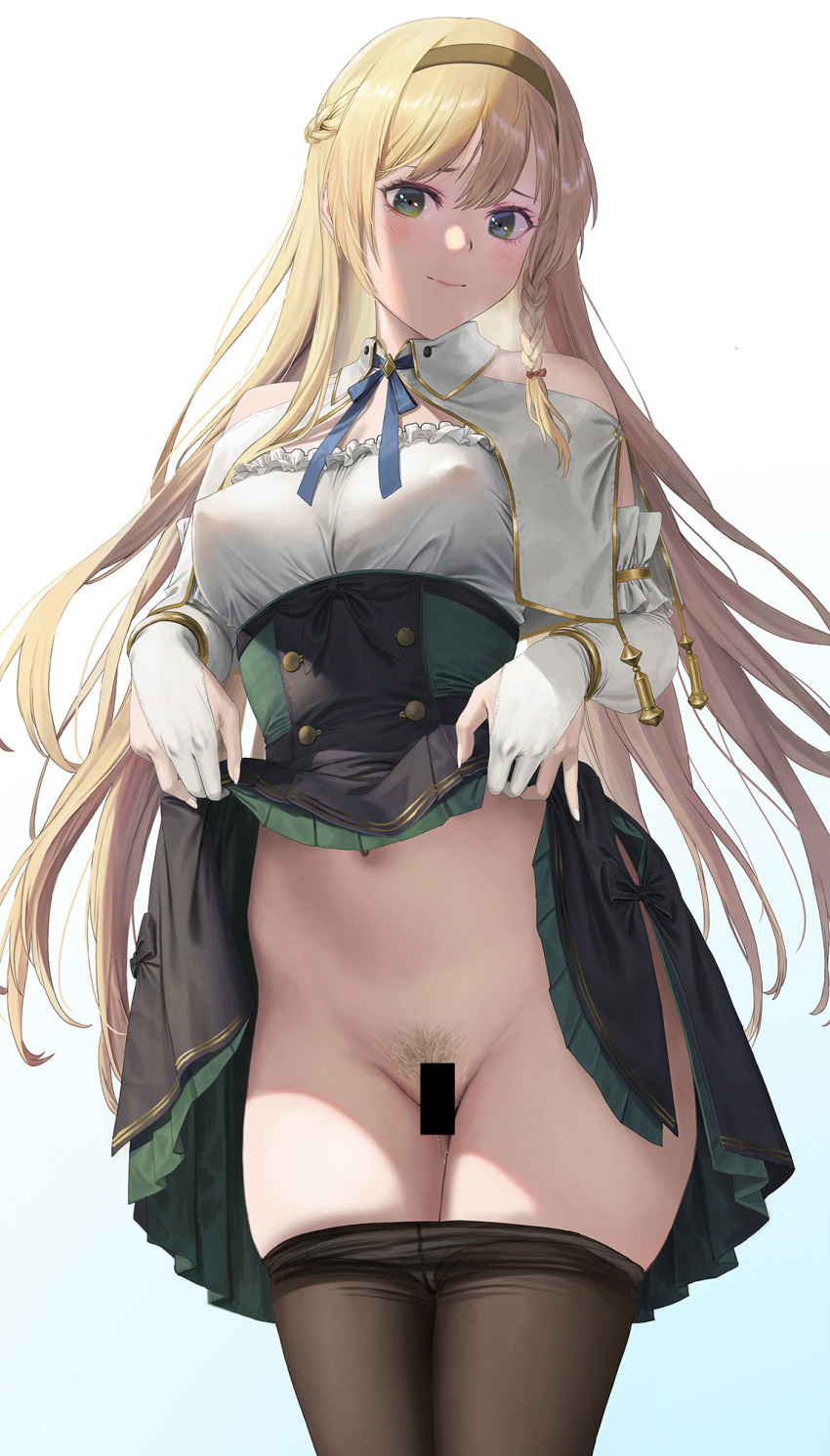 1girl atelier_(series) atelier_ryza atelier_ryza_1 bar_censor bare_shoulders black_pantyhose black_skirt blue_ribbon braid breasts censored closed_mouth clothes_lift clothes_pull covered_nipples detached_collar detached_sleeves elbow_gloves female_pubic_hair french_braid gloves green_eyes green_skirt hairband high-waist_skirt highres jeneral klaudia_valentz lifted_by_self long_hair looking_at_viewer medium_breasts mixed-language_commentary navel neck_ribbon panties panties_under_pantyhose panty_pull pantyhose pantyhose_pull partially_fingerless_gloves pubic_hair pussy pussy_juice ribbon side_braid simple_background skirt skirt_lift solo two-tone_skirt underwear white_gloves white_sleeves