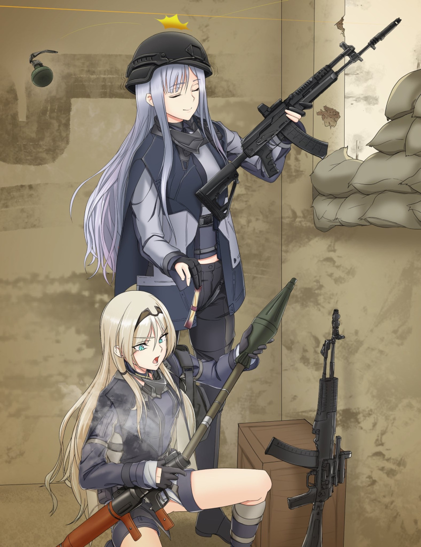 2girls ak-12 ak-12_(girls'_frontline) an-94 an-94_(girls'_frontline) assault_rifle battle boots cloak closed_eyes combat_helmet crate explosive girls'_frontline gloves grenade gun headband helmet highres kalashnikov_rifle kiserohu_3 light_smile multiple_girls pants partially_fingerless_gloves rifle rocket_launcher sandbag weapon