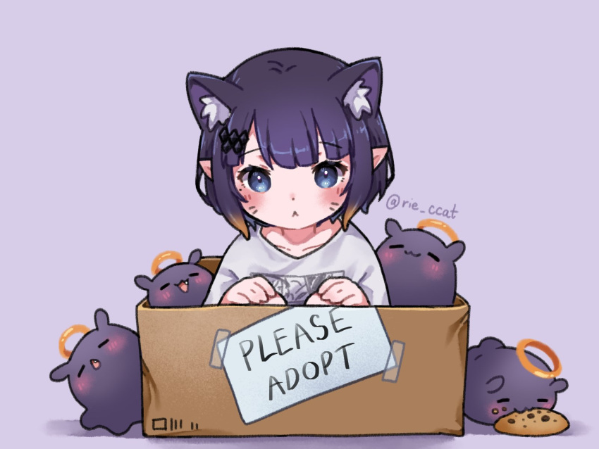 1girl animal_ear_fluff animal_ears blue_eyes blush box cardboard_box cat_ears cat_girl chocolate_chip_cookie collarbone commentary cookie creature eating english_text facial_mark fang food for_adoption gradient_hair hair_ornament halo highres hololive hololive_english multicolored_hair ninomae_ina'nis ninomae_ina'nis_(5th_costume) orange_hair pointy_ears purple_background purple_hair rie_ccat shirt short_hair solo takodachi_(ninomae_ina'nis) tentacle_hair twitter_username virtual_youtuber whisker_markings white_shirt