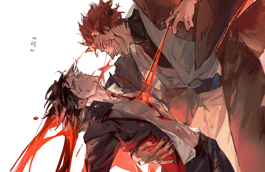 2boys arm_tattoo black_hair black_jacket black_nails black_pants blood diffeng_cn evil_smile extra_eyes facial_tattoo fushiguro_megumi green_eyes hand_on_another's_waist highres injury jacket japanese_clothes jujutsu_kaisen kimono long_sleeves looking_at_another male_focus multiple_boys navel open_clothes open_shirt pants parted_lips pink_hair red_eyes ryoumen_sukuna_(jujutsu_kaisen) school_uniform short_hair smile tattoo teeth torn_skin white_kimono wide_sleeves yaoi